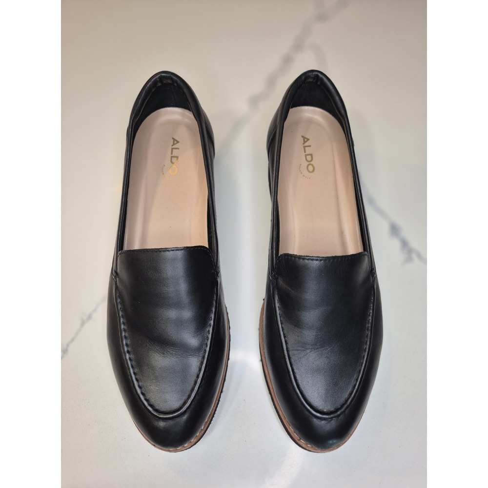 Aldo Flex Pillow Walk Black Leather Loafers Womens Slip On Shoes Low Block Heel